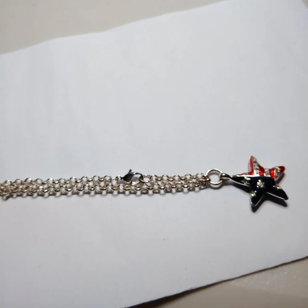 Tommy Hilfiger Vintage Bracelet Star Stripes Charm USA Silver Plated Adjustable